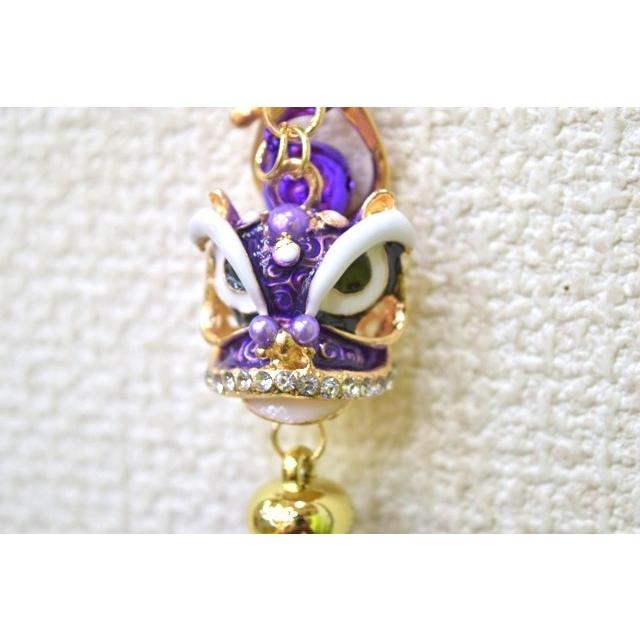 メール便OK】 獅子 七宝焼き キーホルダー ふさ付き 金属製 紫