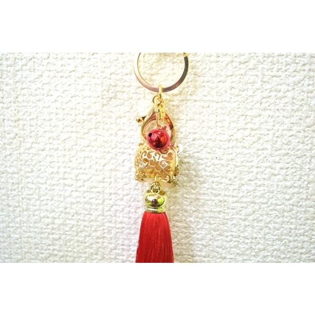 メール便OK】 獅子 七宝焼き キーホルダー フサ付き 金属製 赤 レッド