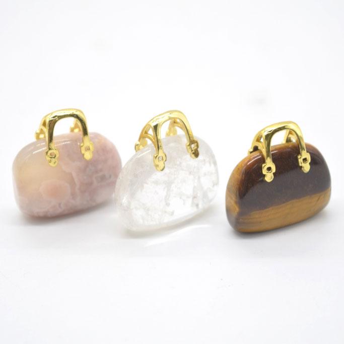 選べる三種類の天然石オブジェ バッグ型 瑪瑙 水晶 タイガーアイ 3cm