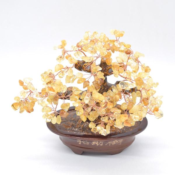 招財樹 シトリン 黄水晶 陶器製楕円台座 20cm 天然石置物 風水インテリア 茶色鉢 金運 財運 | 