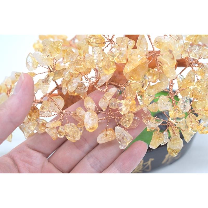 招財樹 シトリン 黄水晶 風水インテリア 天然石置物 楕円台座 20cm 金