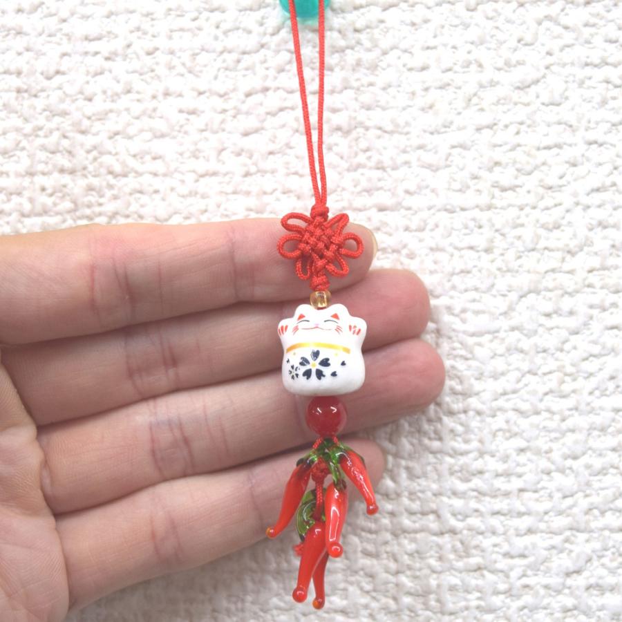 メール便OK】とうがらしストラップ 唐辛子根付 招き猫つき 6色から