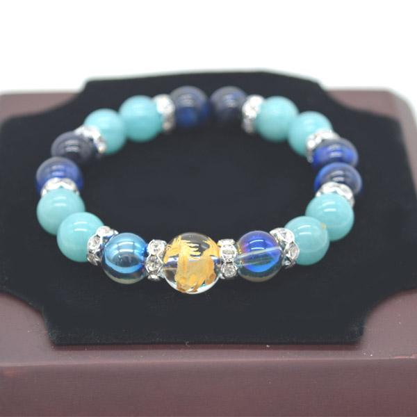 馬彫り水晶パーツ付き ブレスレット アクアオーラ アマゾナイト ブルー