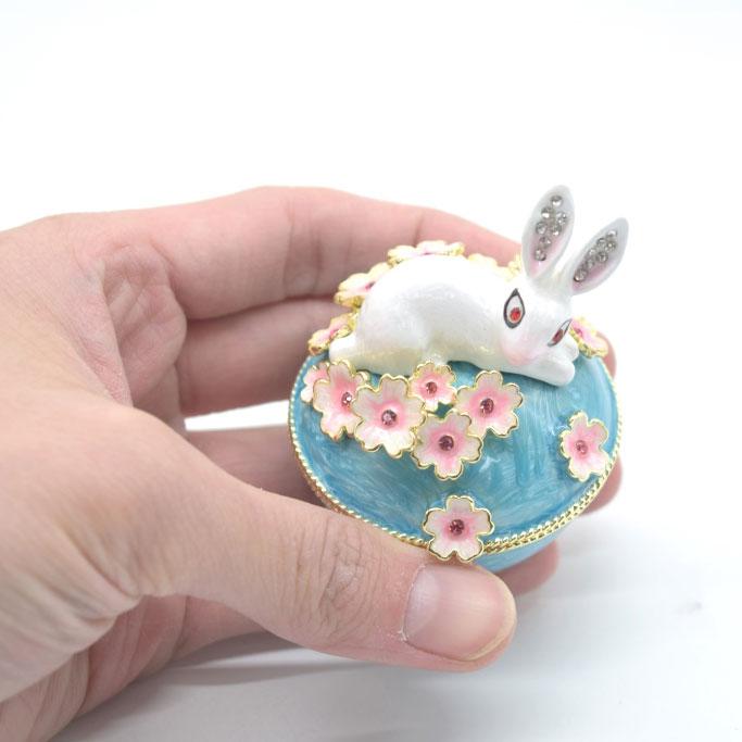 うさぎ 卯 兎 花柄 青色 台座付き 小物入れ 七宝焼き ラインストーン