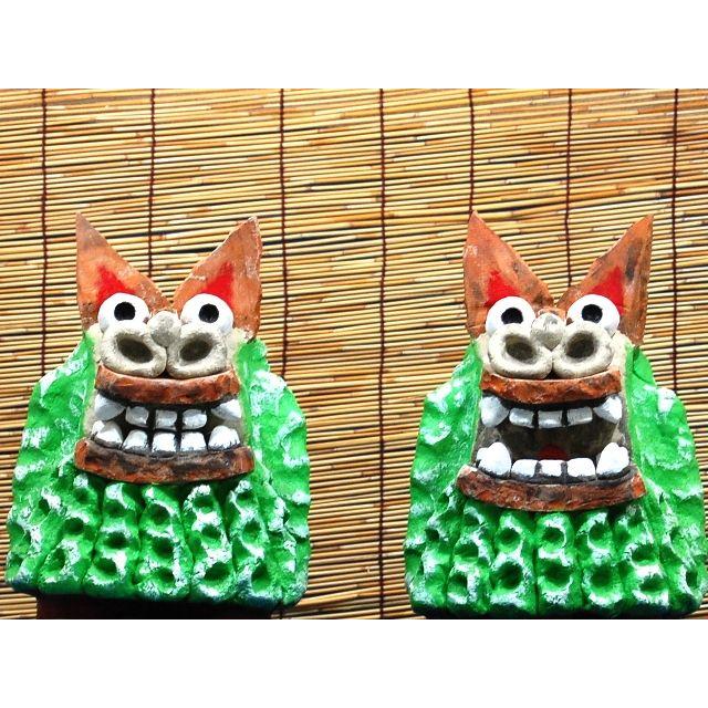 城間シーサー工房// 漆喰/赤瓦シーサー ペアSS ライトグリーン