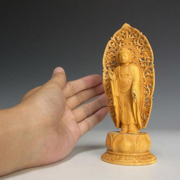 阿弥陀如来 立像 高さ15cm 柘植製 木彫り 仏像 : 仏像と縁起物の