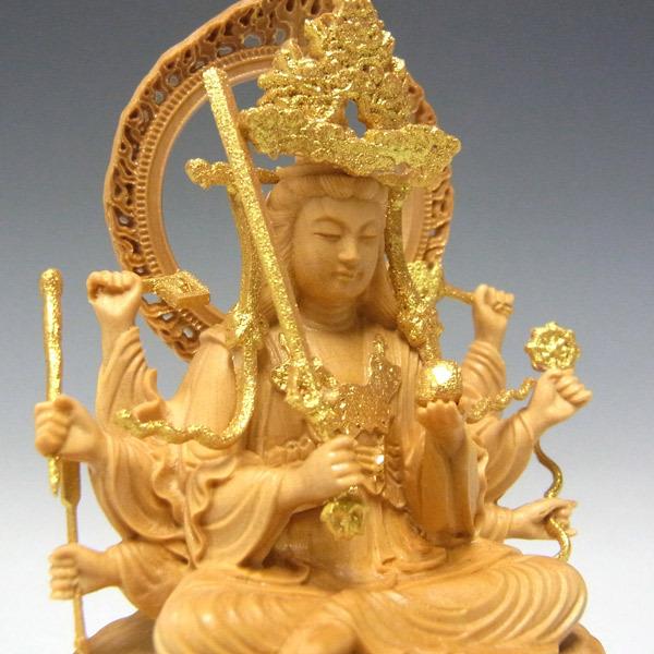 木彫り 仏像 金彩八臂弁財天 坐像 高さ10cm 柘植製 弁才天 : 仏像と