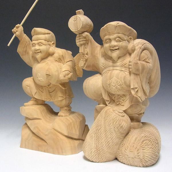 古美術　木彫り 恵比寿　大黒天置物　2体 一木彫りで重厚 時代物　骨董品 恵比寿 大黒天』置物 木彫り 木造り 骨董品 高さ30cm