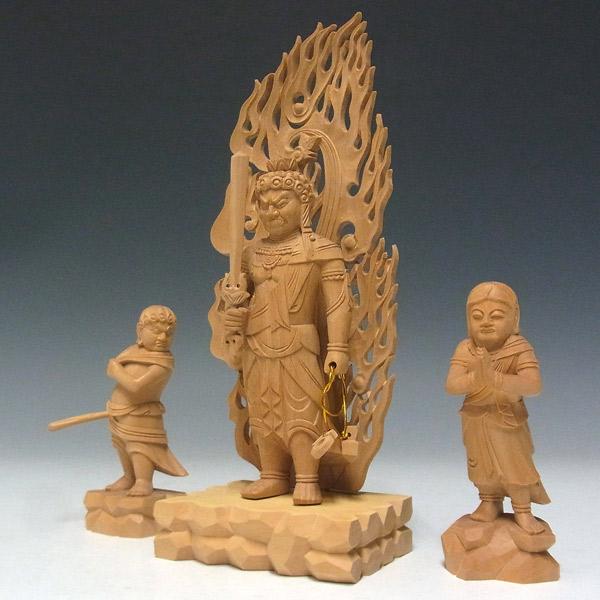 不動三尊像 不動明王 二童子 高さ22cm 柘植製 木彫り 仏像 : 仏像と