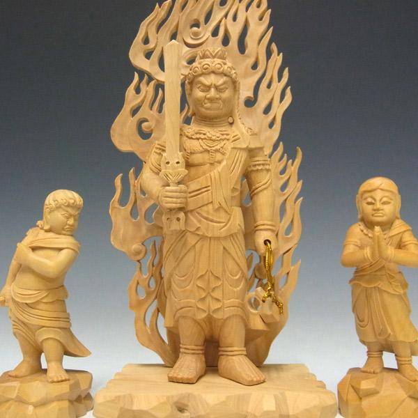 不動三尊像 不動明王 二童子 高さ22cm 柘植製 木彫り 仏像 : fudou28 