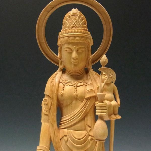 子安観音 立像 高さ30cm 柘植製 木彫り 仏像 : 仏像と縁起物の