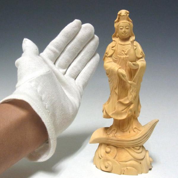 仏教美術　金彩柘植彫刻　聖観音菩薩像　仏像　置物　M　7073 仏像 総柘植 西方三聖【大勢至菩薩・阿弥陀如来・観音菩薩】専属光背