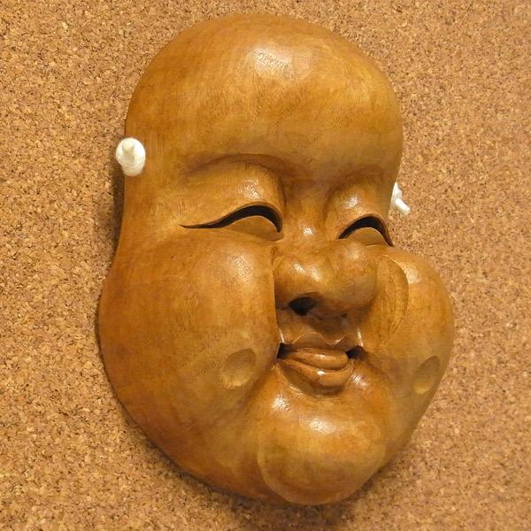 古色お多福面 木彫り 楠面 お面 おたふく : 仏像と縁起物の専門