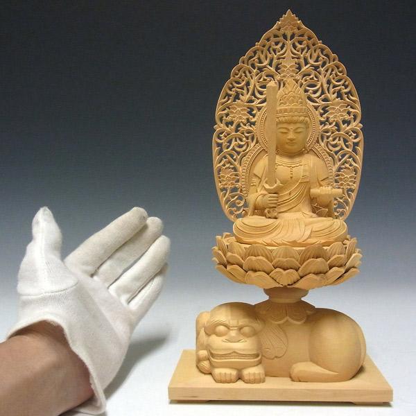 文殊菩薩 騎獅像 獅子台坐 高さ26cm 柘植製 木彫り 仏像 : 仏像と