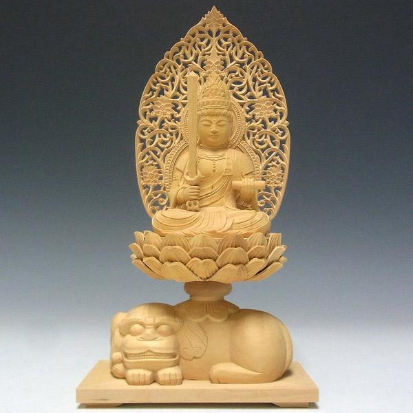 文殊菩薩 騎獅像 獅子台坐 高さ26cm 柘植製 木彫り 仏像 : 仏像と