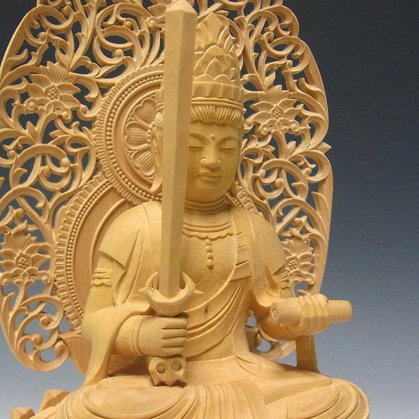 文殊菩薩 騎獅像 獅子台坐 高さ26cm 柘植製 木彫り 仏像 : 仏像と