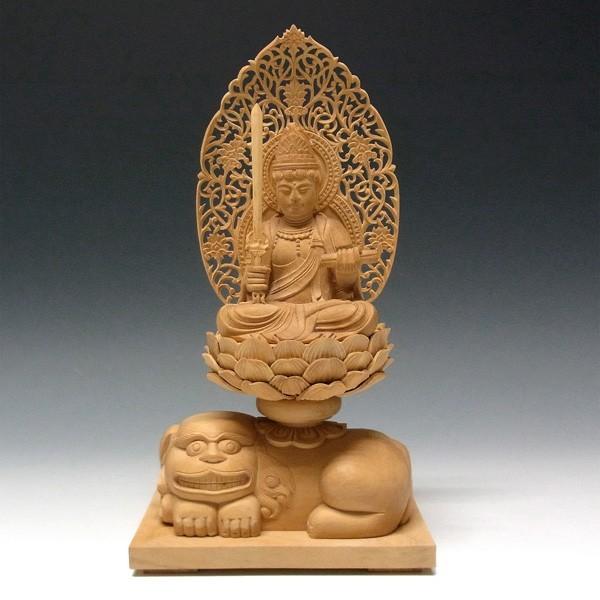 文殊菩薩像 獅子台坐 高さ26cm 柘植製 木彫り 仏像 : 仏像と