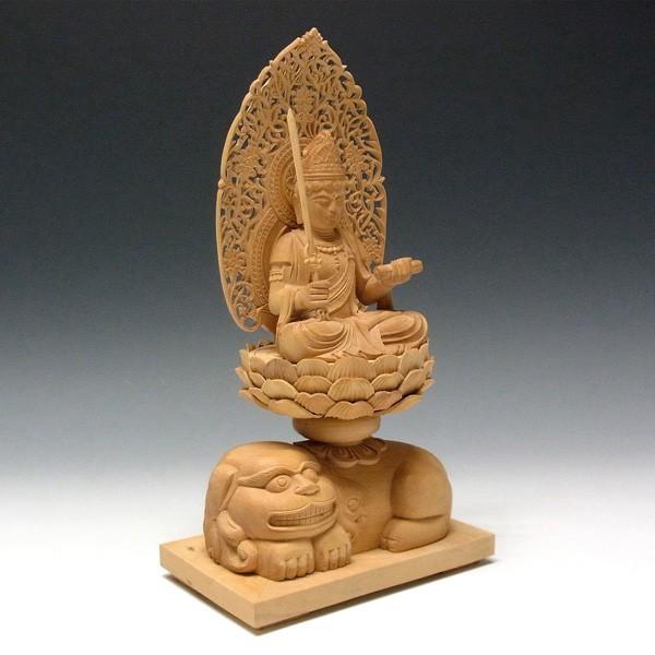 文殊菩薩像 獅子台坐 高さ26cm 柘植製 木彫り 仏像 : 仏像と縁起物の