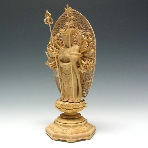 千手観音菩薩 立像 高さ32cm 柘植製 木彫り 仏像 : 仏像と縁起物