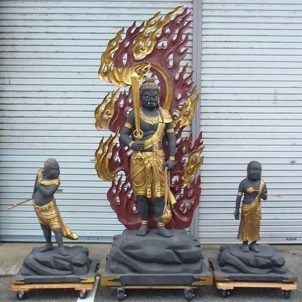 古色不動三尊像 立像 特大高さ206cm 楠製 木彫り 仏像の画像
