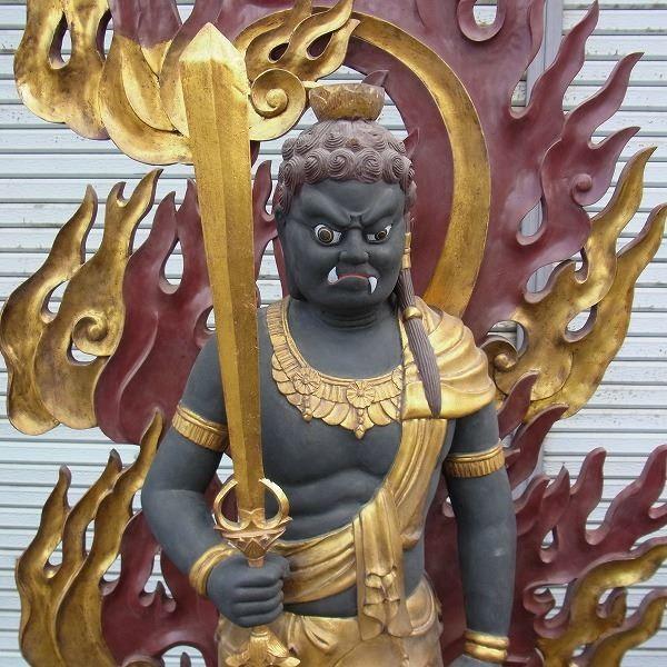 古色不動三尊像 立像 特大高さ206cm 楠製 木彫り 仏像の画像