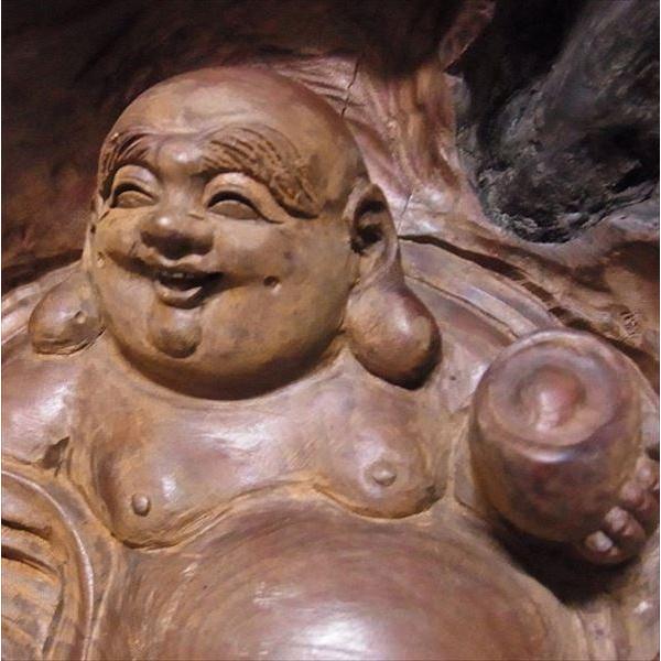 木彫り 布袋様 置物 一位製 ガラスケース付き 七福神 : 仏像と縁起物の