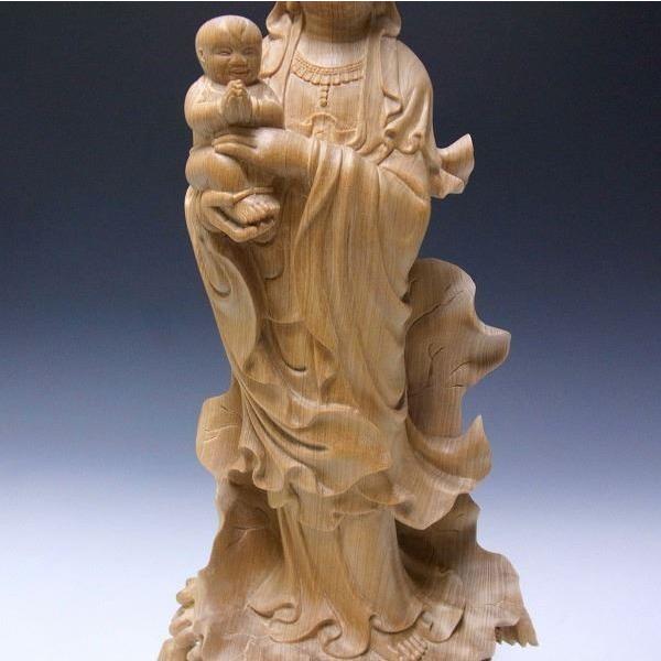 子安観音 高さ40cm 台湾桧製 観音菩薩 木彫り 仏像 : 仏像と縁起物の