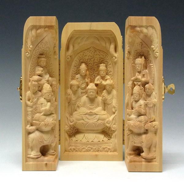 釈迦三尊(十三仏) 枕本尊 仏龕 高さ16cm 柘植製 木彫り 仏像 釈迦三尊(十三仏) 枕本尊 仏龕 高さ16cm 柘植製 木彫り 仏像