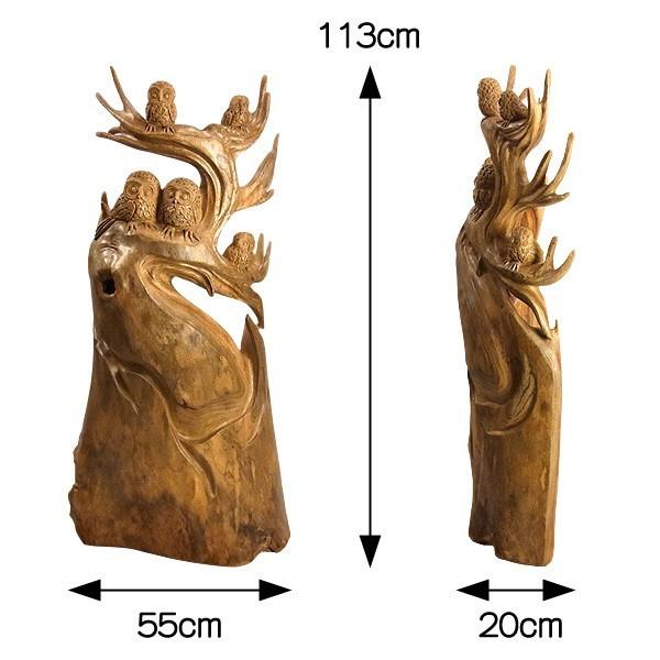 木彫り 家族ふくろう 置物 楠 フクロウ 高さ113cm : 仏像と縁起物の