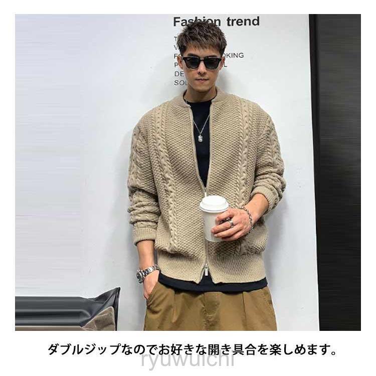 ニット カーディガン ケーブル編み メンズ ニットカーディガン クルーネック ダブルジップ ニットジャケット カーデ 厚手 冬 秋 アウター 羽織り | ブランド登録なし | 11
