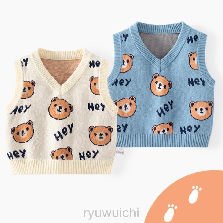 ニットベスト Vネック キッズ 子供服 熊柄 ジャガード ニット ベスト プルオーバー 厚手 ベビー服 赤ちゃん 女の子 男の子 春 秋 冬 ニット | ブランド登録なし | 01