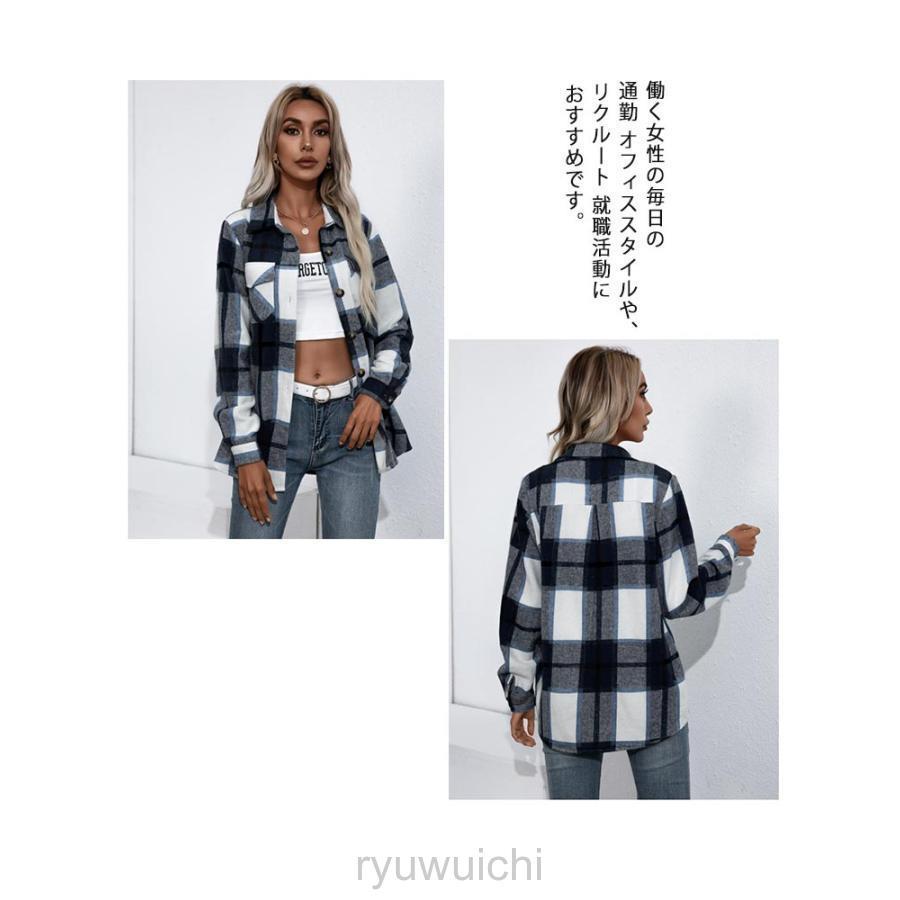 レディース トップス チェック フランネル 春 秋 ミドル丈 シャツ ネルシャツ ビックシャツ ポケット付き カジュアル ドロップショルダー | ブランド登録なし | 10