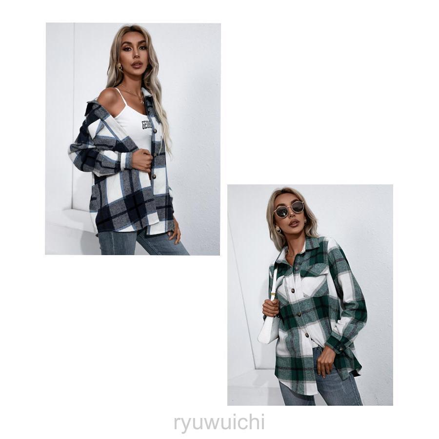 レディース トップス チェック フランネル 春 秋 ミドル丈 シャツ ネルシャツ ビックシャツ ポケット付き カジュアル ドロップショルダー | ブランド登録なし | 12