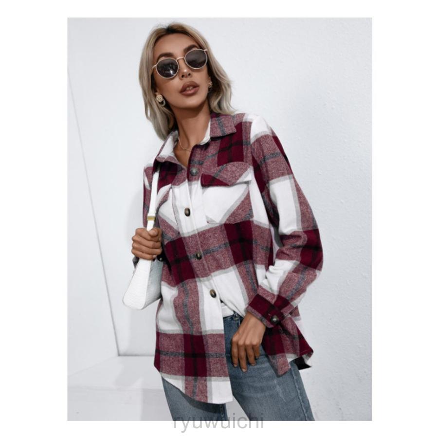 レディース トップス チェック フランネル 春 秋 ミドル丈 シャツ ネルシャツ ビックシャツ ポケット付き カジュアル ドロップショルダー | ブランド登録なし | 13
