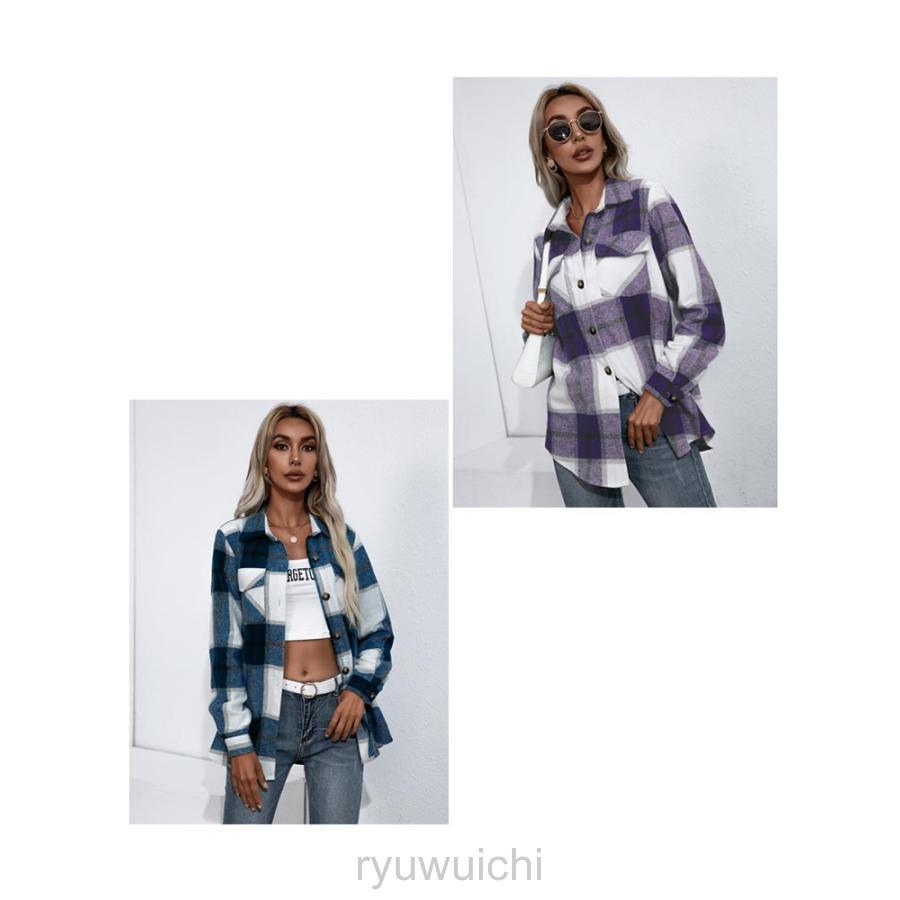 レディース トップス チェック フランネル 春 秋 ミドル丈 シャツ ネルシャツ ビックシャツ ポケット付き カジュアル ドロップショルダー | ブランド登録なし | 14