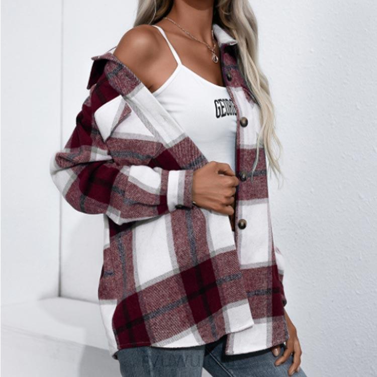 レディース トップス チェック フランネル 春 秋 ミドル丈 シャツ ネルシャツ ビックシャツ ポケット付き カジュアル ドロップショルダー | ブランド登録なし | 04