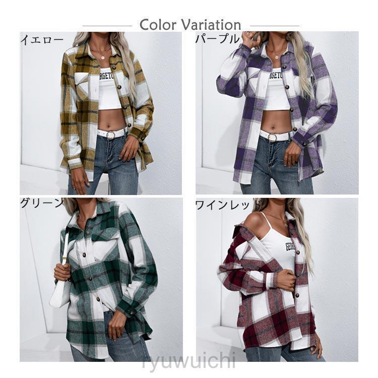 レディース トップス チェック フランネル 春 秋 ミドル丈 シャツ ネルシャツ ビックシャツ ポケット付き カジュアル ドロップショルダー | ブランド登録なし | 06