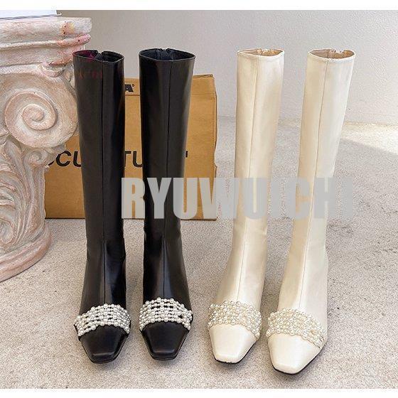 ロングブーツ レディース スクエアトゥ パール ビジュー ローヒール  