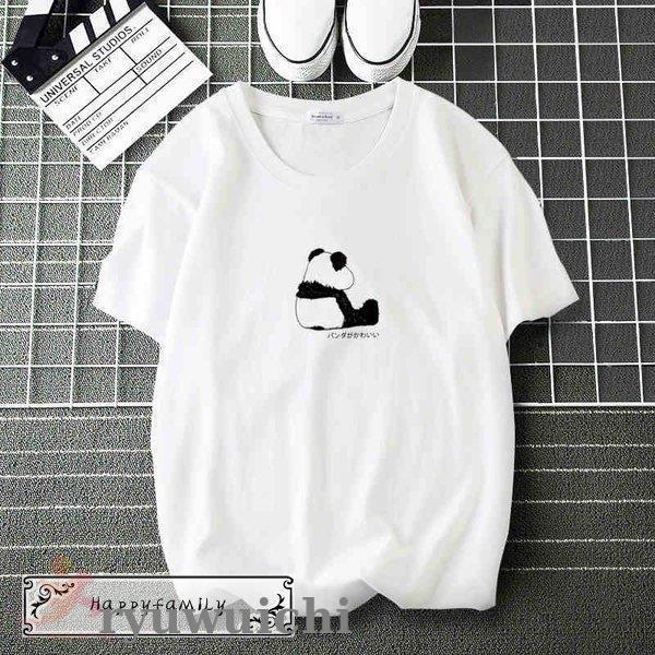 Tシャツ レディース パンダ カットソー 純綿 ペアルック 体型カバー モノクロ 半袖 可愛い 男女兼用 プリント ラウンドネック 大きいサイズ メンズ 春 夏