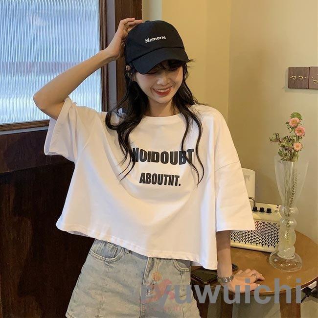 半袖 レディース Tシャツ ショート丈 短い 肌見せ 五分丈袖 ゆったり サマーTシャツ カットソー 夏 女性 クルーネック 夏Tシャツ 丸首｜ryuwuichi