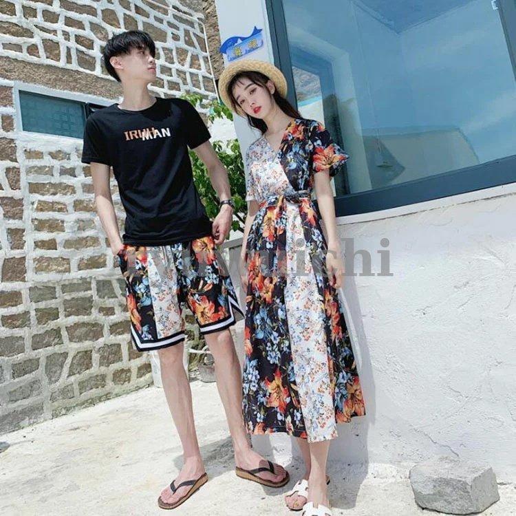 ペアルック カップル ワンピース ペアtシャツ 夫婦 恋人 春夏 ペアルックカップル ペアお揃い 半袖 夏 カップル お揃い 服 レディース オールインワの画像