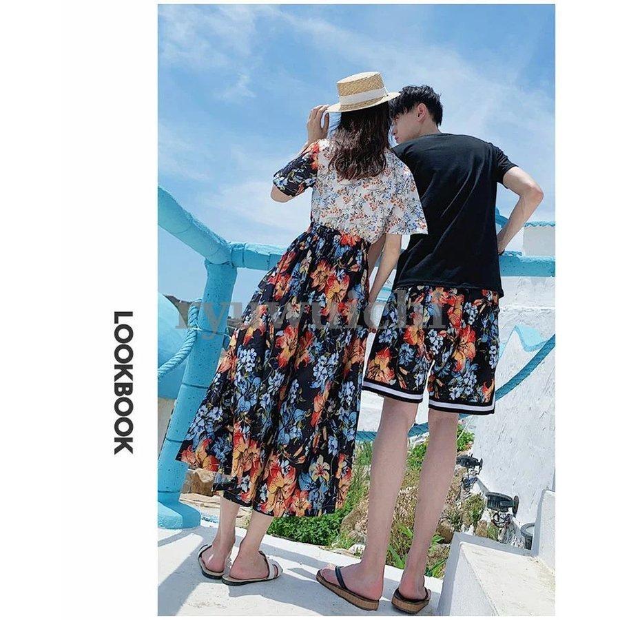 ペアルック カップル ワンピース ペアtシャツ 夫婦 恋人 春夏 ペアルックカップル ペアお揃い 半袖 夏 カップル お揃い 服 レディース オールインワの画像