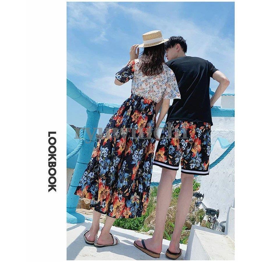 ペアルック カップル ワンピース ペアtシャツ 夫婦 恋人 春夏 ペアルックカップル ペアお揃い 半袖 夏 カップル お揃い 服 レディース オールインワの画像