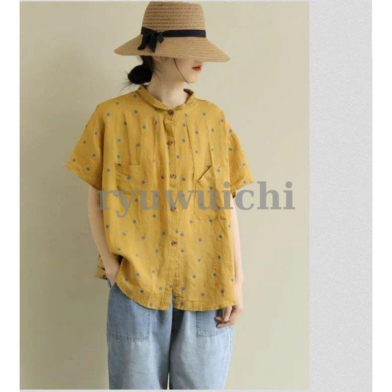シャツ ブラウス 綿麻風 丸襟 半袖 シャツブラウス ゆったり