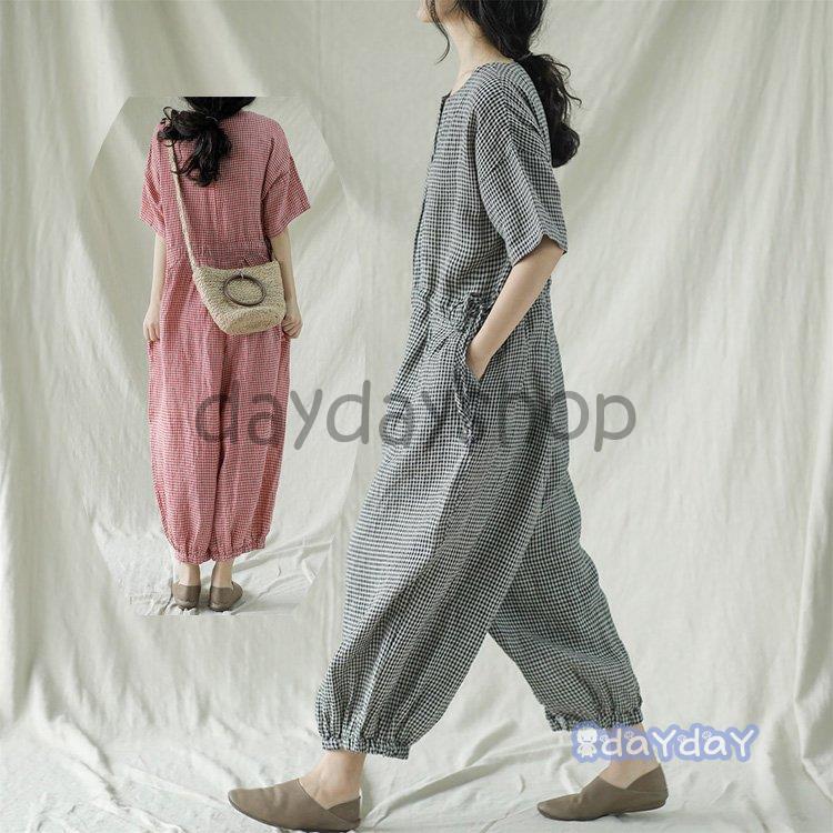 開店記念セール オールインワン サロペット リンネル100 レデイース ワイドパンツ オーバオール ガウチョパンツチェック柄 ゆったり カジュアル 体型カバー おしゃれ 夏 ワンピース サイズ フリーサイズ Www We Job Com