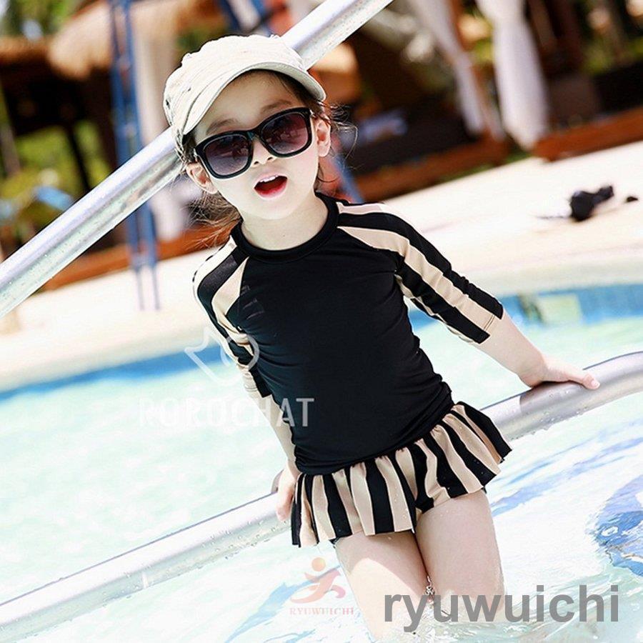 子供水着 キッズ 水着セット 子供用 女の子 水着 3点セット ラッシュガード 上下セット 日焼け対策 紫外線対策 ストライプ ブラック ピンク Mi05 D09y5 龍一ストア 通販 Yahoo ショッピング
