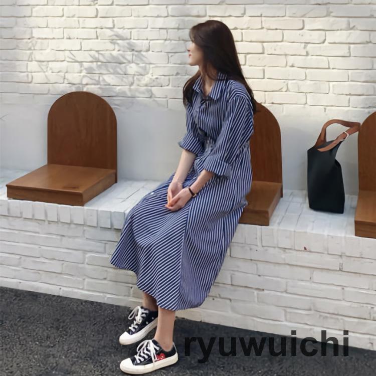 シャツワンピース レディース ミモレ丈 長袖 Aライン 前ボタン