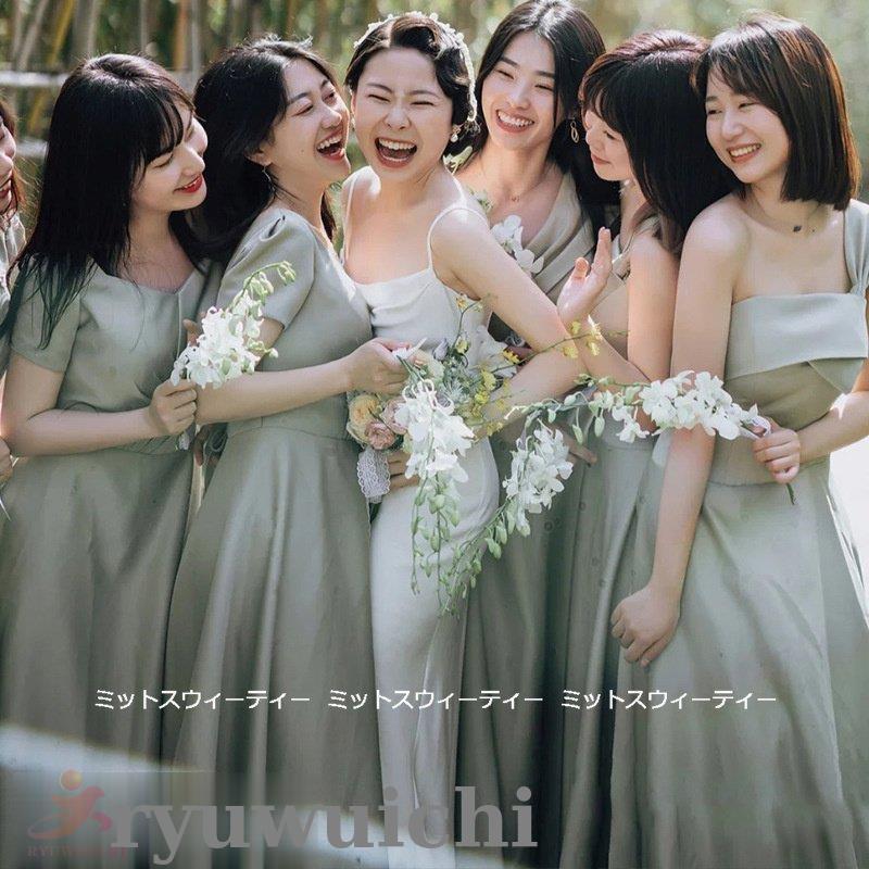ブライズメイドドレス ロングドレス カラードレス グリーン ピンク 結婚式 二次会 aラインドレス ワンピース サテン ブライダル パーティードレス 成人式 発表会