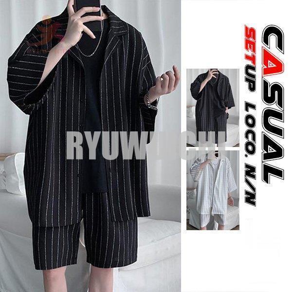 メンズ セットアップ 上下セット 大きいサイズ ストリート スーツ カジュアル シャツ ショートパンツ 韓国 春 夏 秋 おしゃれ ストライプ ゆったり 商店