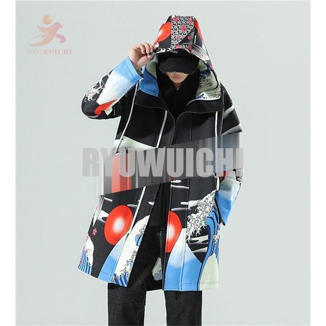 コート ロングコート メンズ パーカー ロングパーカー メンズ ジャケット ジャンパー 大きいサイズ 和柄 鯉柄 ストリート系 横須賀 B系 おしゃれ コート ロングコート メンズ パーカー ロングパーカー メンズ